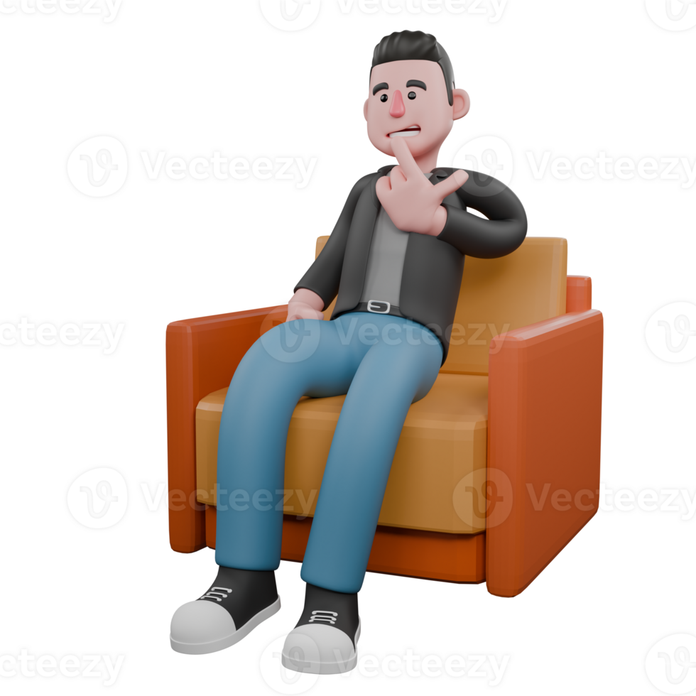 Cartoon-Style 3D Model. A male screenwriter sits on a sofa with one hand at his side while the other is under his chin, one finger on his lips, smiling expression when an idea occurs appear. Cartoon png