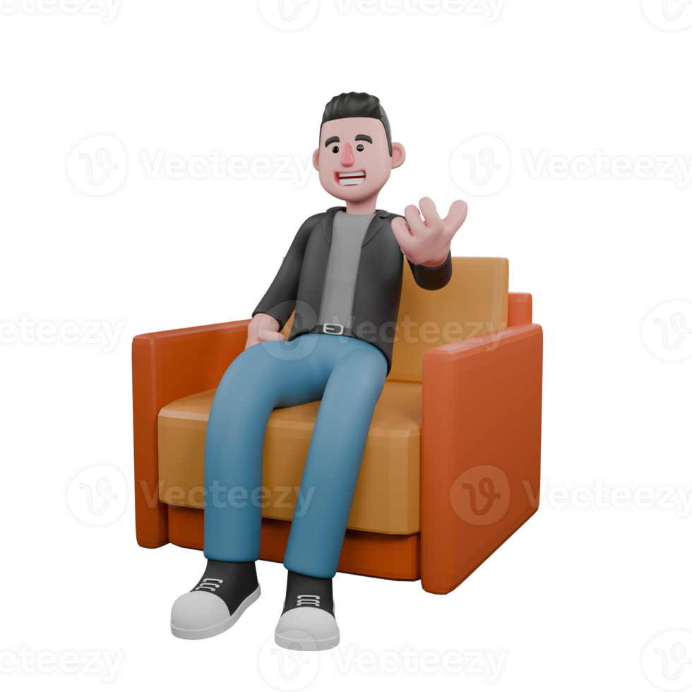 3D Screenwriter Character. A male screenwriter sits on a sofa with his left hand stretched forward. Creative 3D Model png