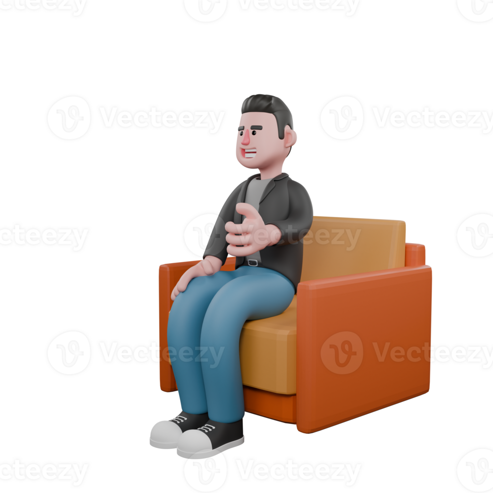 Screenwriter 3D Cartoon Model Design.A male screenwriter sits on a sofa with one hand slightly raised as if explaining something .Artistic Illustration png