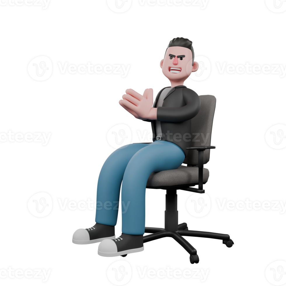 Cartoon-Style 3D Model. A male screenwriter sits on a chair with his hands rubbing each other, a wide smile expression. 3D Design png