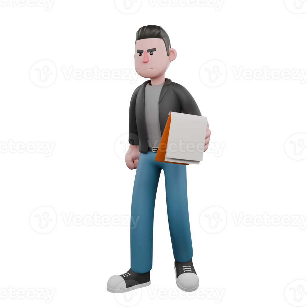 Screenwriter 3D Cartoon Model Design. A male screenwriter stands with his left hand holding a clipboard while his right hand is clenched. Creative 3D Model png
