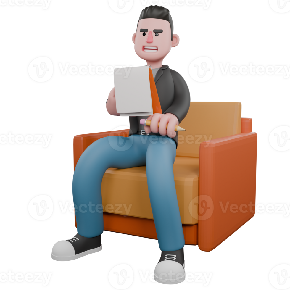Screenwriter 3D Cartoon Model Design. A male screenwriter sits on a sofa with a pen and a clipboard in his hands . 3D Design png