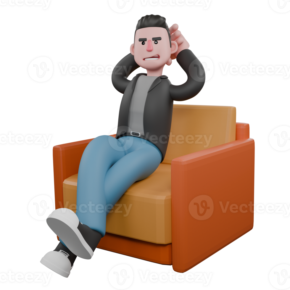 3D Screenwriter Cartoon Design. A male screenwriter sits on a sofa with both hands behind his head . Creative 3D Model png