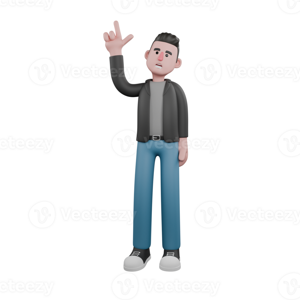 Professional Screenwriter Cartoon Design. A male screenwriter stands with one hand pointing upward with a eureka expression. Model Design png