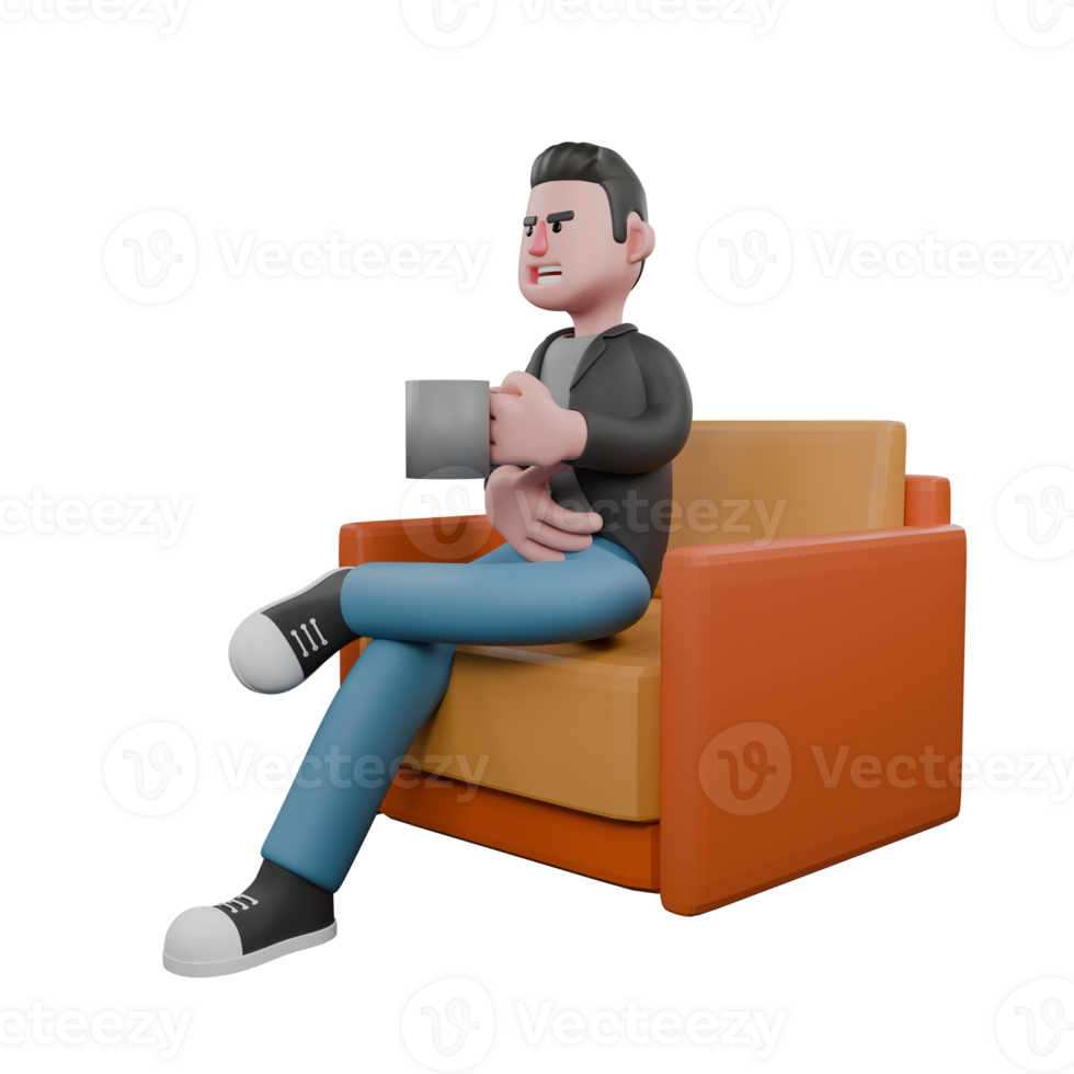 Screenwriter 3D Cartoon Model Design. A male screenwriter is sitting on a sofa with his left hand holding a cup while his right hand is in front of his stomach. Creative 3D Model png