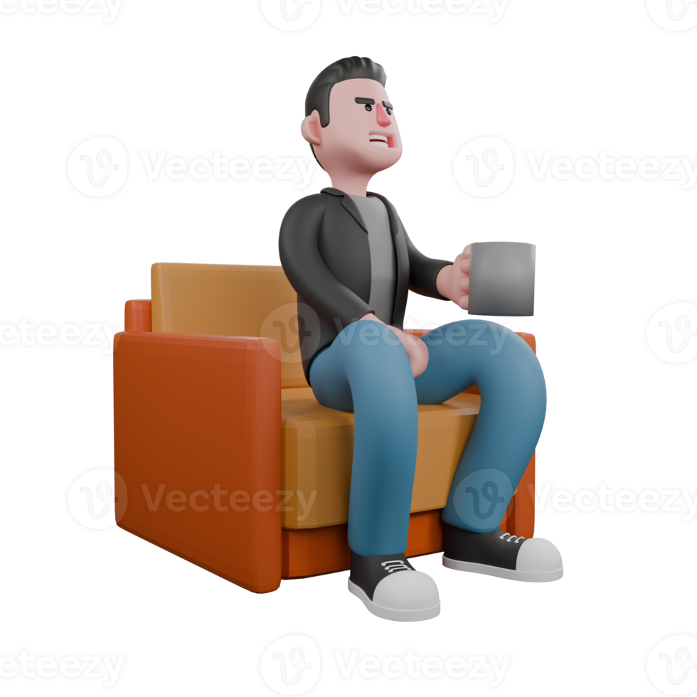 Professional Screenwriter Cartoon Design. A male screenwriter is sitting on a sofa with his left hand holding a cup while his right hand is on his thigh with a happy expression. Artistic Illustration png