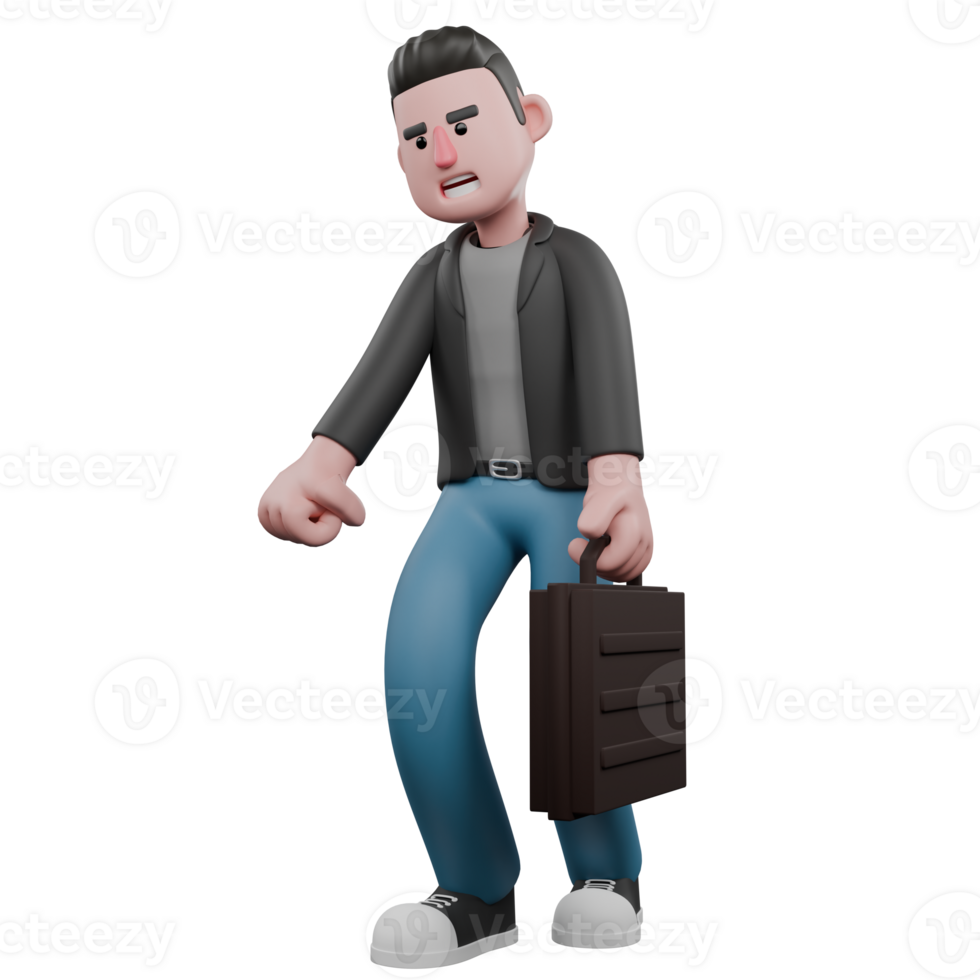Cartoon 3D Artistic Model. A male screenwriter walks with a briefcase in his left hand, and his right hand is clenched. 3D Design png