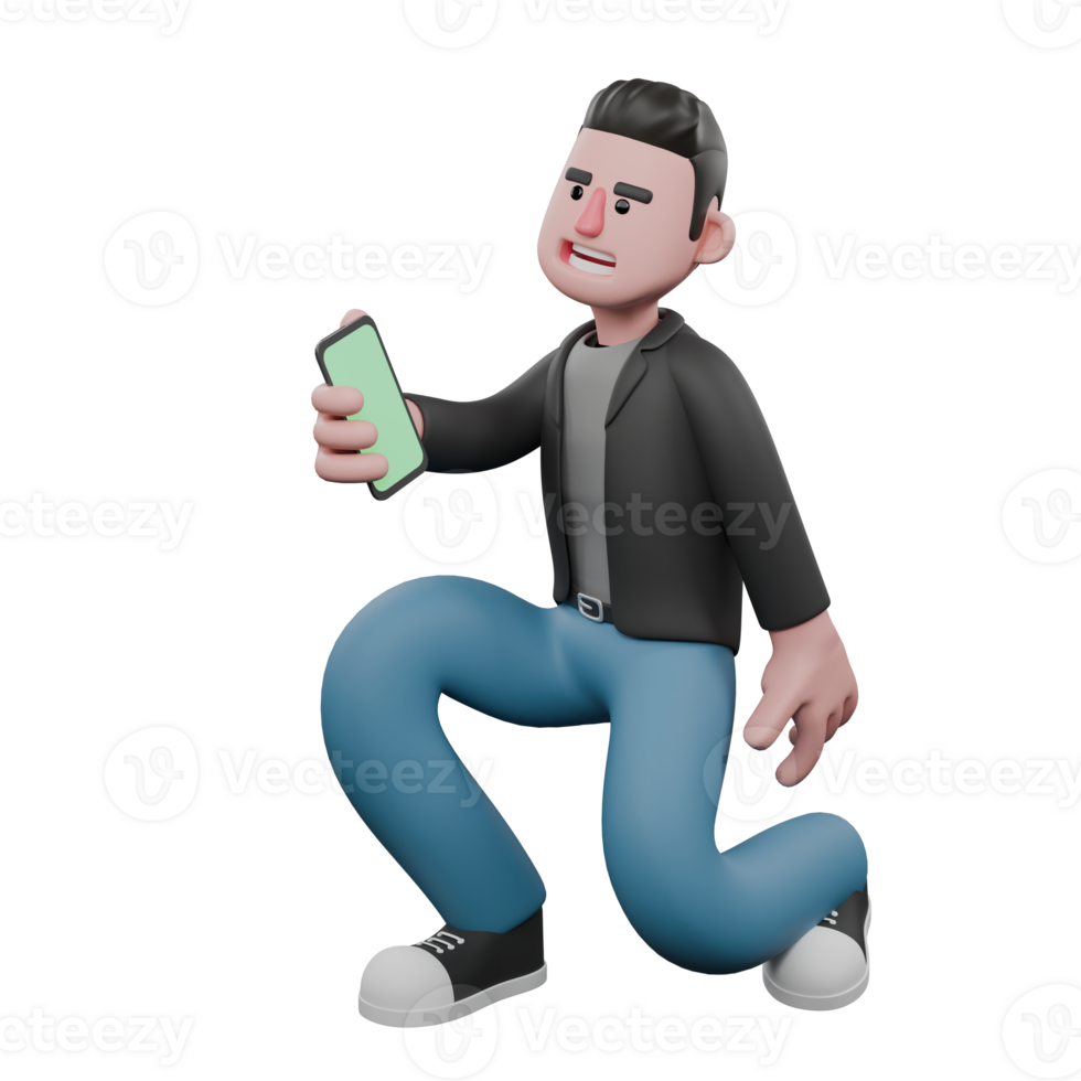 Professional Screenwriter Cartoon Design. A male screenwriter kneels with his right hand holding a call phone, smiling expression. Model Design png