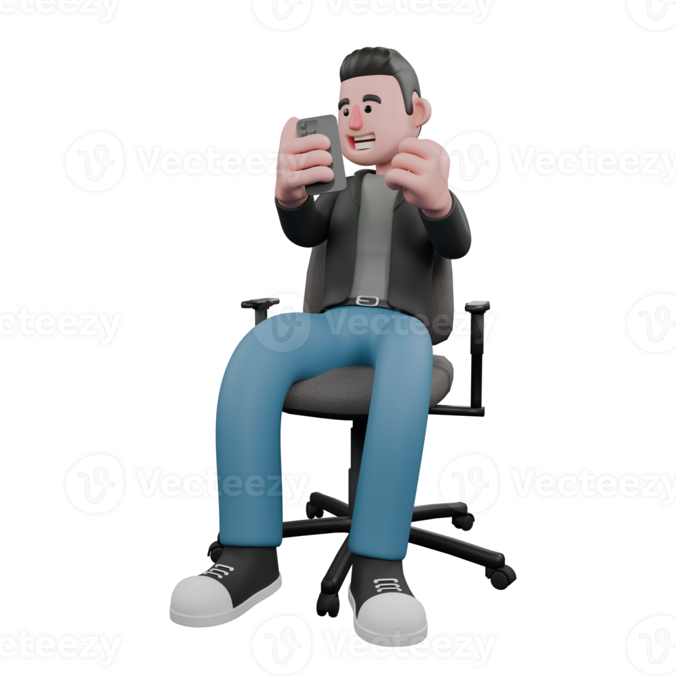 Professional Screenwriter Cartoon Design. A male screenwriter sits on a chair with his right hand holding a mobile phone while the other hand is clenched into a fist, a satisfied smiling expression png