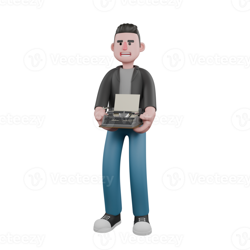Professional Screenwriter Cartoon Design. A male screenwriter stands holding a typewriter in both hands. Model Design png