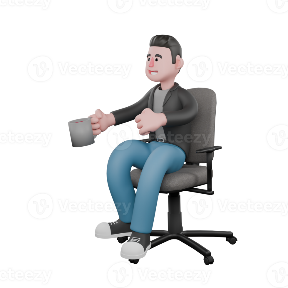 3D Screenwriter Character. A Male Screenwriter sits on a work chair with one hand holding a cup of coffee, bright expression. Artistic Illustration png