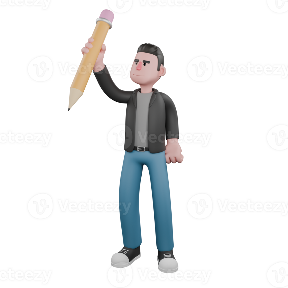 Creative 3D Model. A male screenwriter stands with his right hand holding a large pencil, smiling expression . Creative 3D Model png