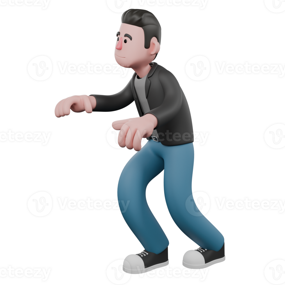 Screenwriter 3D Cartoon Model Design. A male screenwriter walks with his body slightly bent, hands carefully reaching for something, cautious expression . Cartoon Illustration png