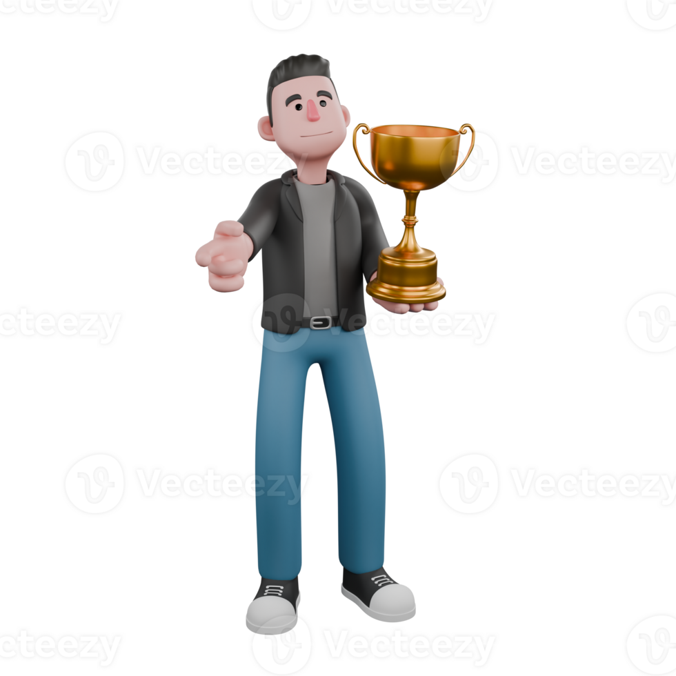 Cartoon-Style 3D Model. A male screenwriter stands with a gold trophy in his left hand and the other hand pointing forward . Cartoon Screenwriter Illustration Design png