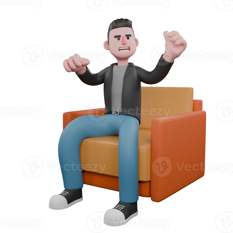 3D Screenwriter Character. A male screenwriter sits on a sofa with both hands raised and clenched, an excited expression . Cartoon Screenwriter Illustration Design png