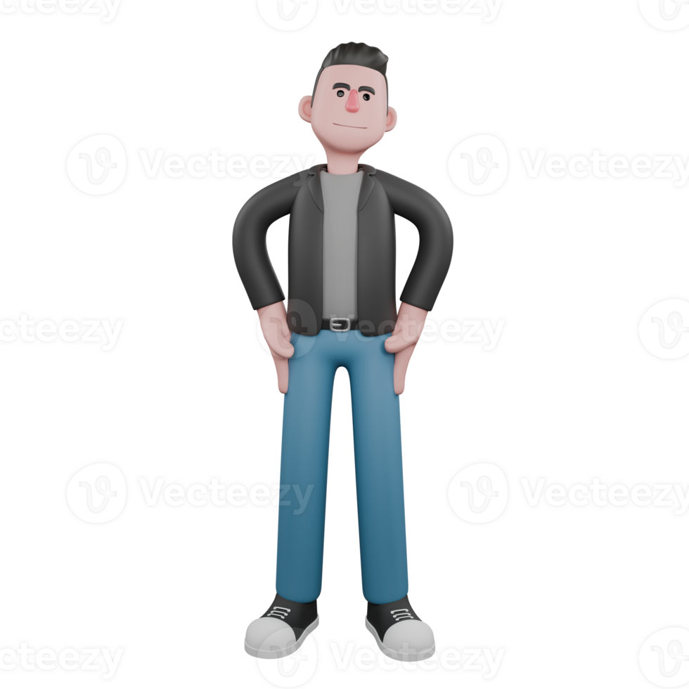 3D Screenwriter Cartoon Design. A male screenwriter stands with both hands on his waist, smiling expression . 3D Artistic Model png