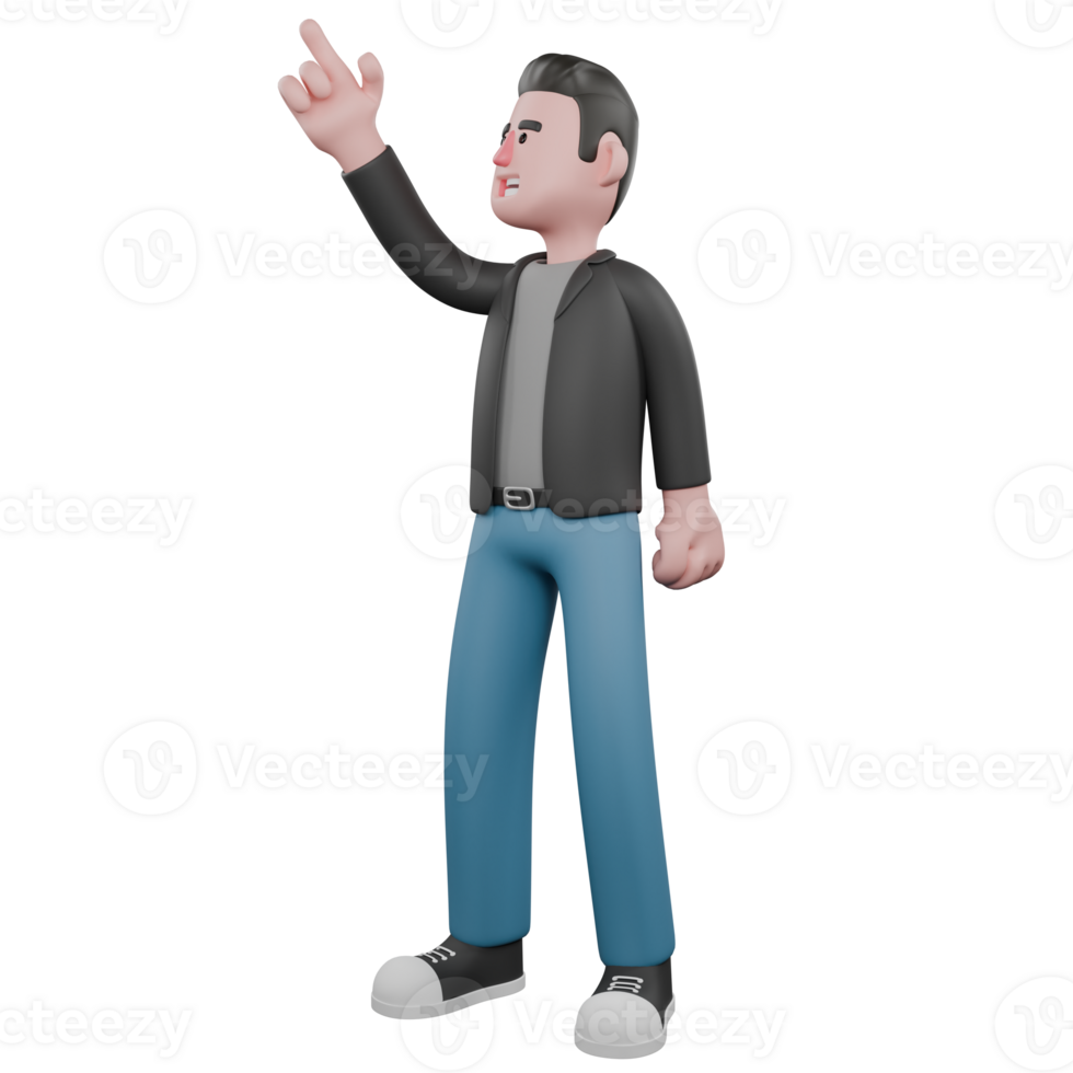 3D Screenwriter Cartoon Design. A male screenwriter stands facing the right with his right hand pointing up. Screenwriter Character png