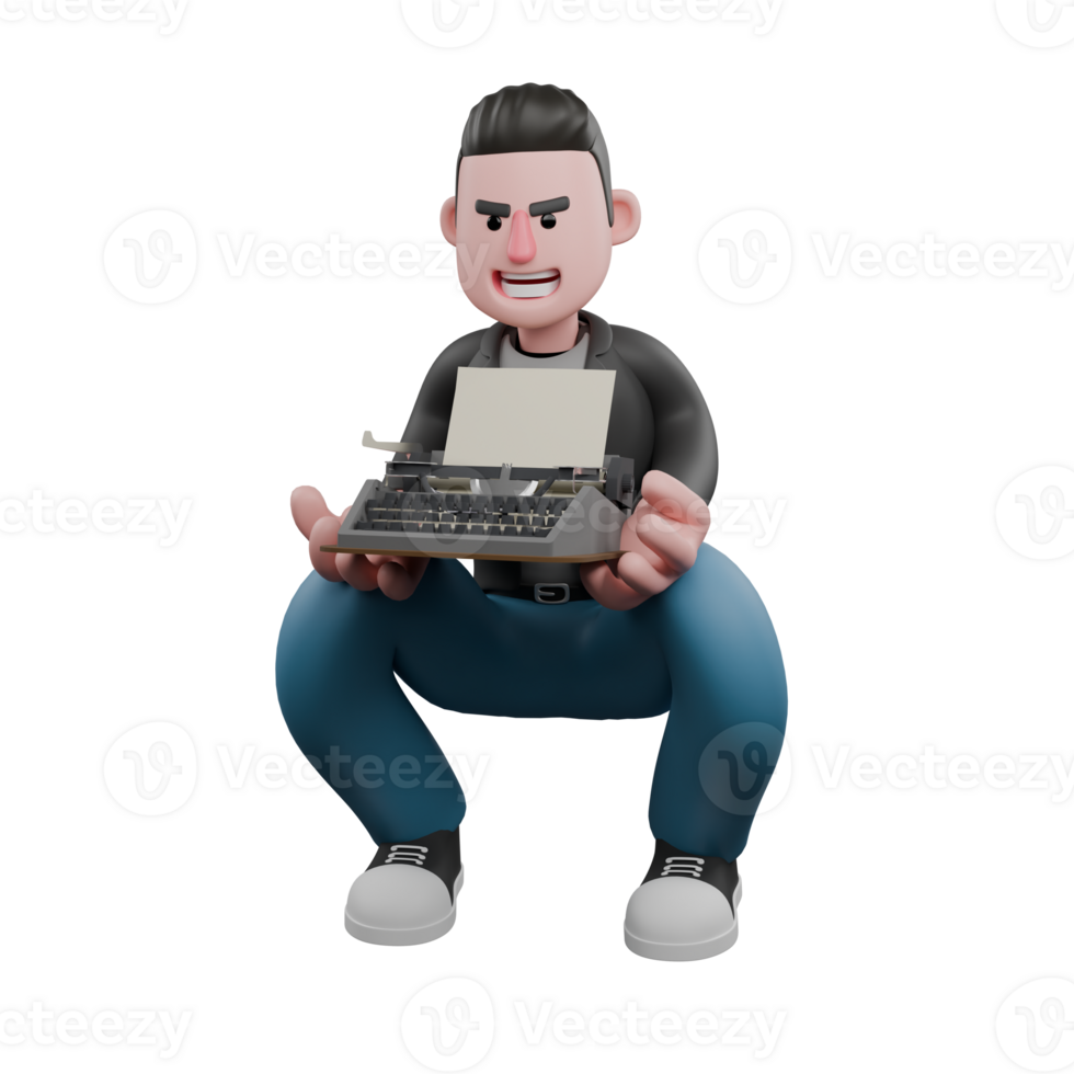 Professional Screenwriter Cartoon Design. A male screenwriter squats while holding a typewriter with a happy expression. Artistic Illustration png