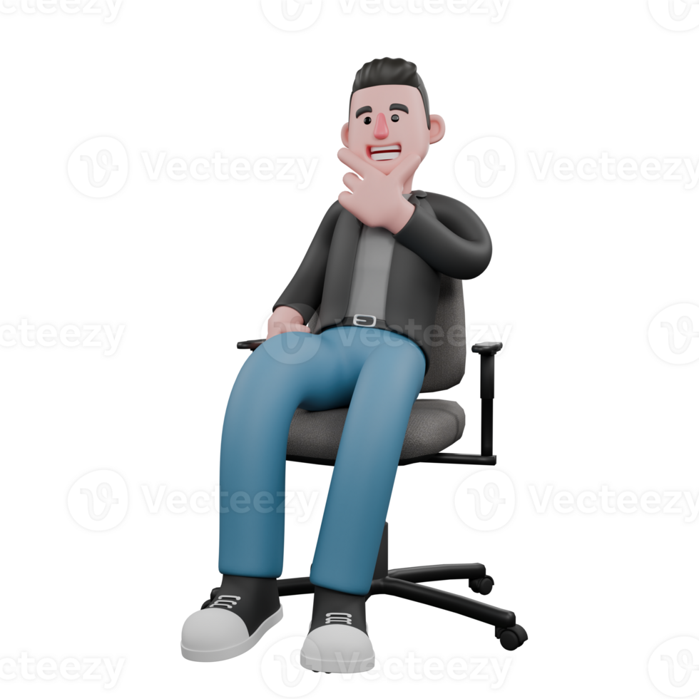 Creative 3D Model. A male screenwriter sits on a chair with one hand holding his chin, smiling expression . Model Design png