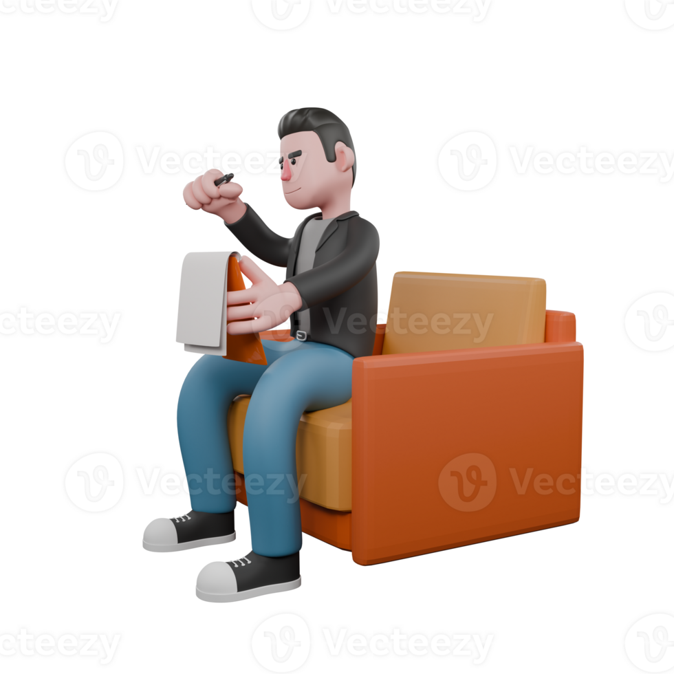 Cartoon 3D Artistic Model. A male screenwriter sits on a sofa holding a clipboard in his left hand and a pen in his right hand . 3D Design png