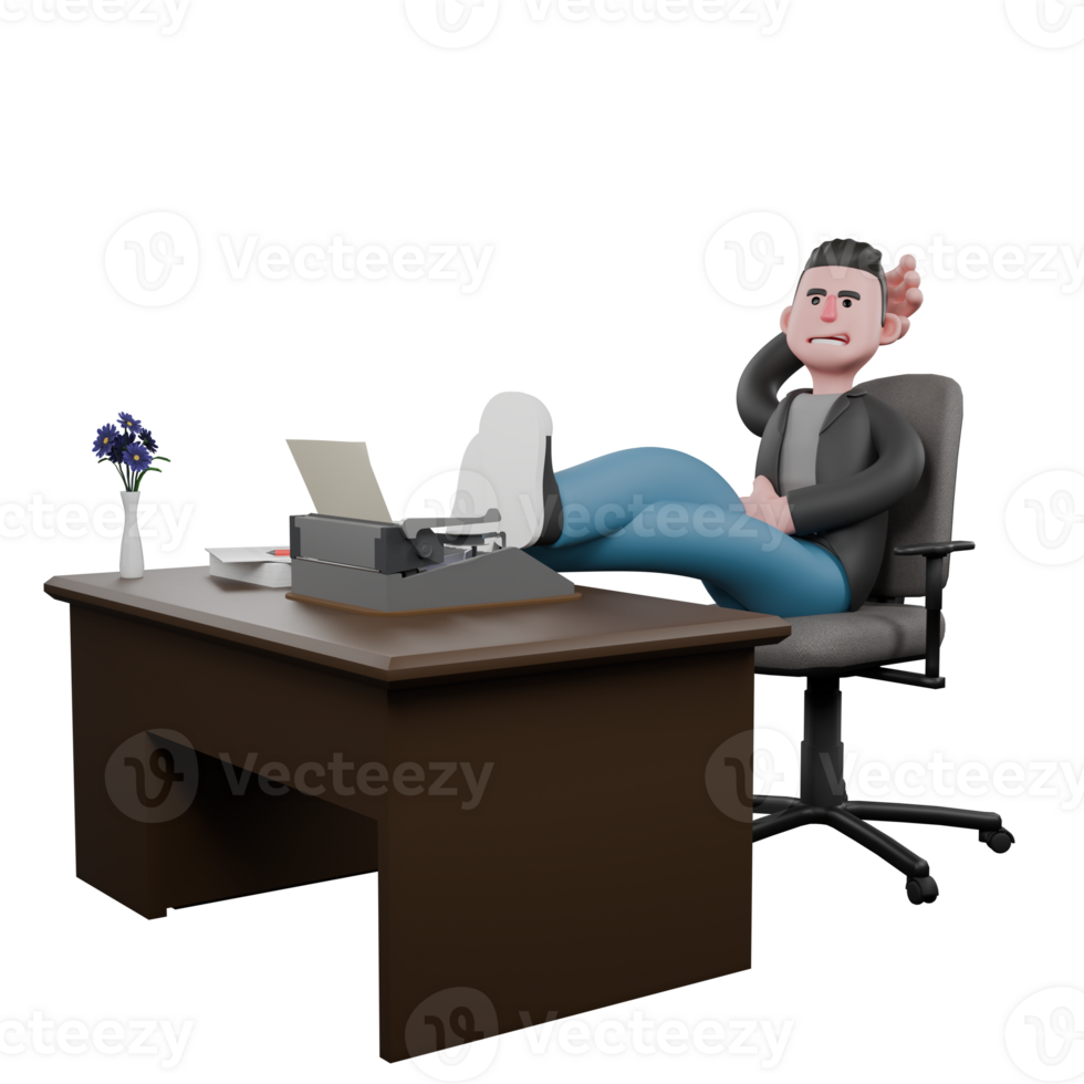 Creative 3D Model. A male screenwriter sits on a chair with his legs crossed on a table, one hand behind his head. Model Design png
