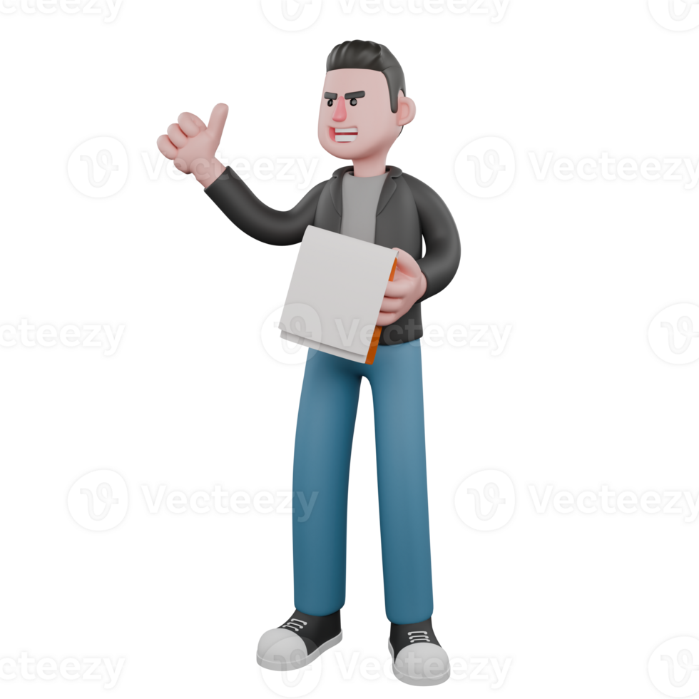 Cartoon 3D Artistic Model. A male screenwriter stands holding a clipboard in his left hand, and his right hand giving a thumbs up. Artistic Illustration png