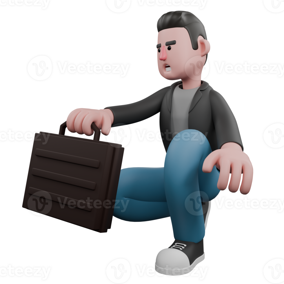 Cartoon 3D Artistic Model. A male screenwriter squats down holding a bag in his right hand, as if he wants to give. Artistic Illustration png