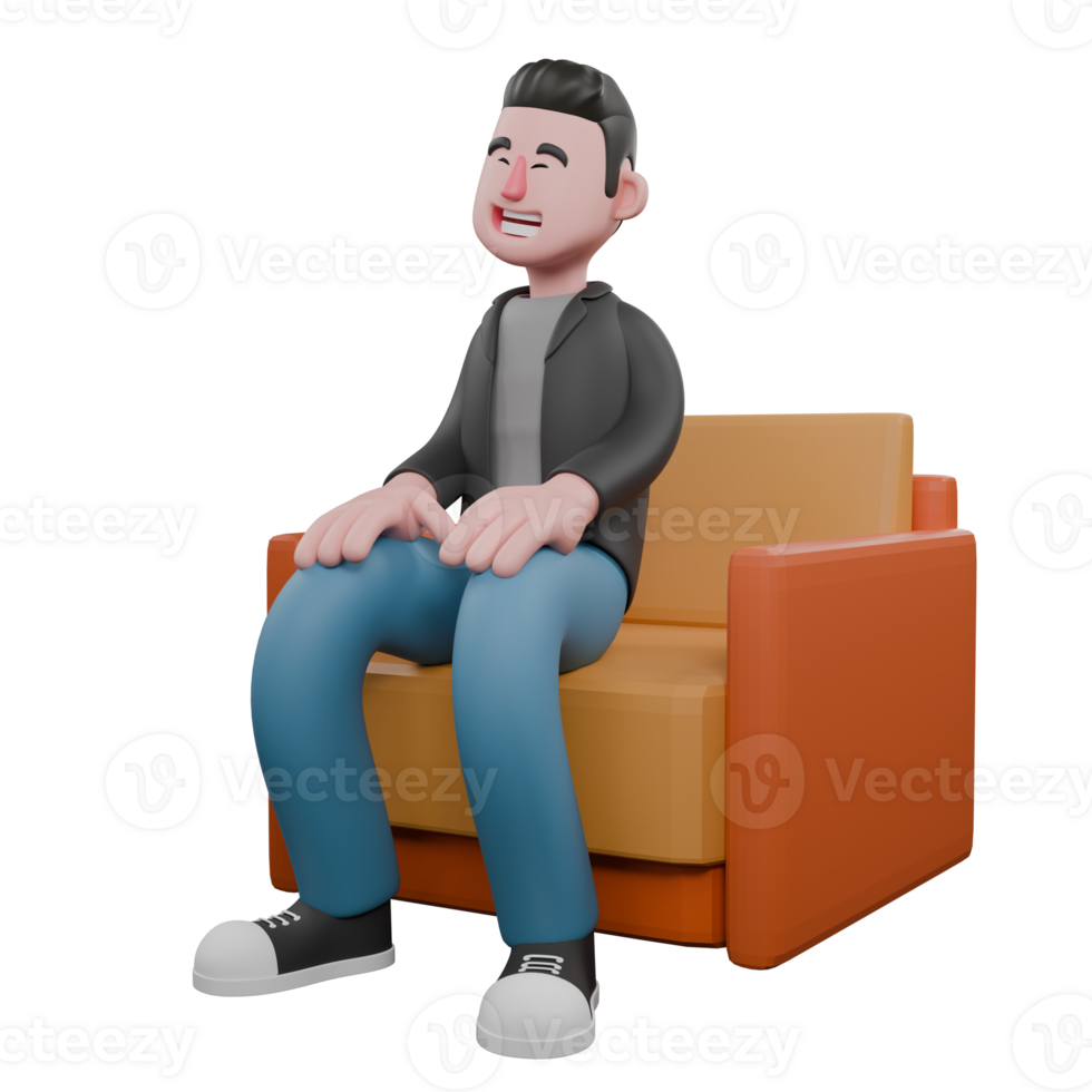 Professional Screenwriter Cartoon Design. A male screenwriter sits on a sofa with both hands on his lap, a gentle smile expression. Screenwriter Character png