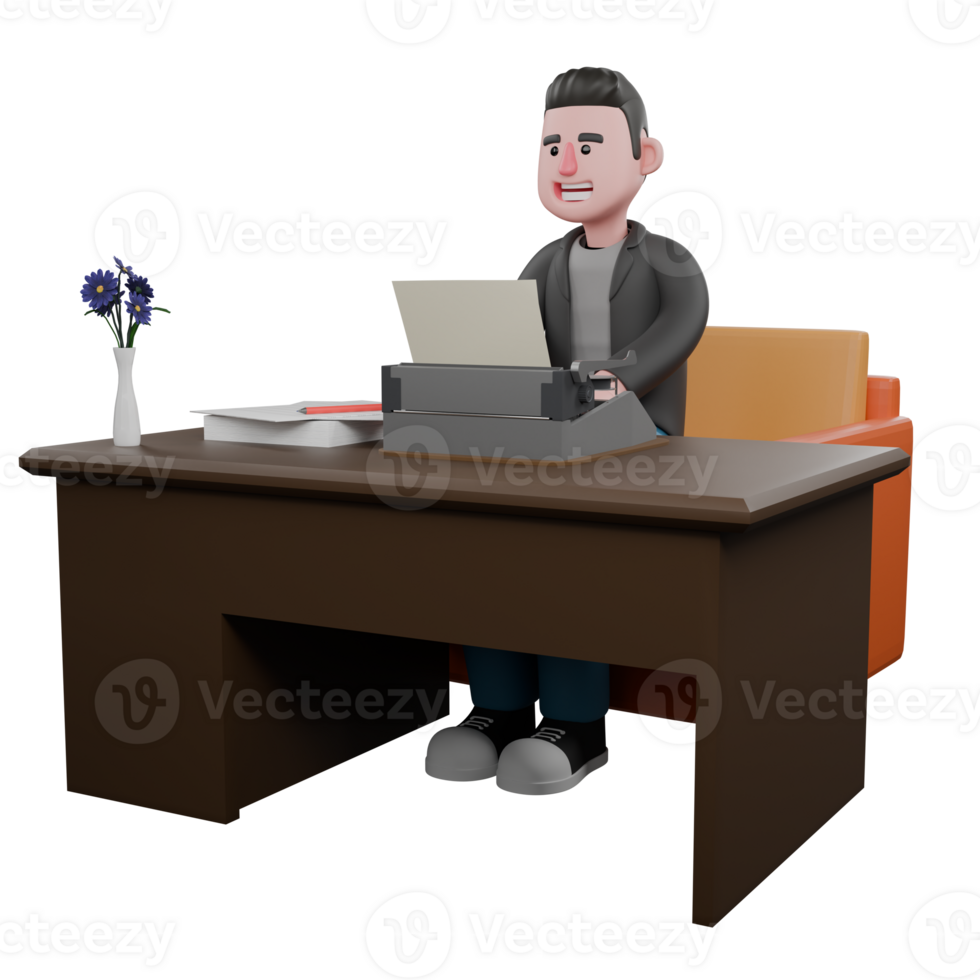 3D Screenwriter Character. A male screenwriter sits on a sofa with a typewriter on the table, wide smiling expression. 3D Design png