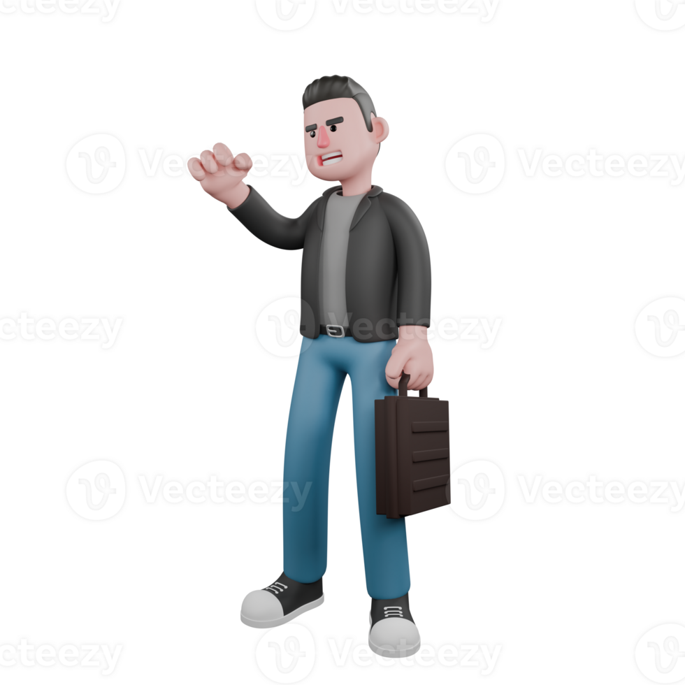 Creative 3D Model. A male screenwriter stands with a briefcase in his left hand and his right hand clenched upwards, an expression ready to work . Model Design png