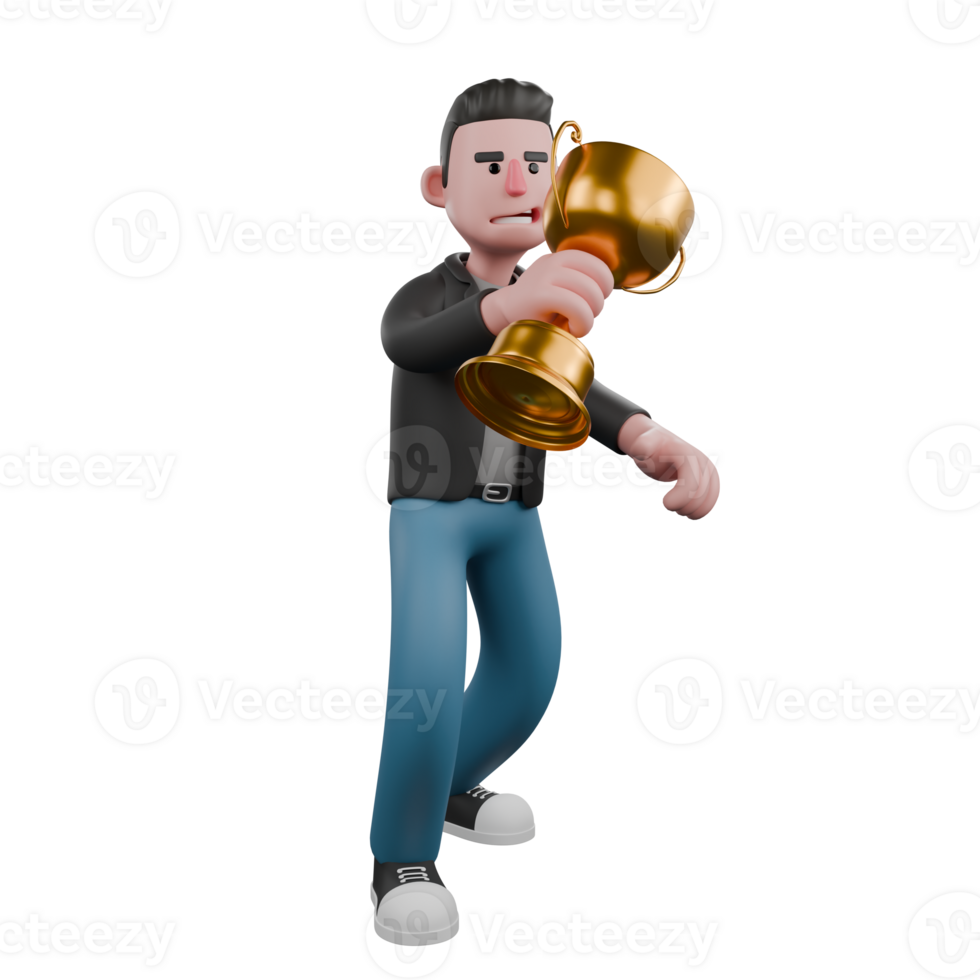 Creative 3D Model. A male screenwriter walks with slow steps with a gold trophy in his left hand. 3D Design png