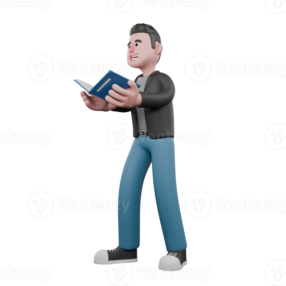Professional Screenwriter Cartoon Design. A male screenwriter walks with both hands holding an open book . Creative 3D Model png