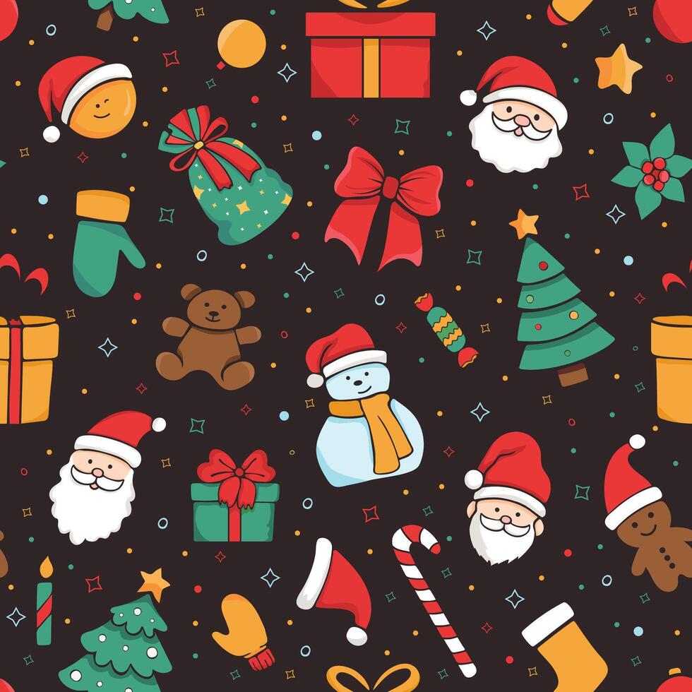 Seamless pattern with doodle Christmas elements. Endless background for kids with Santa, Christmas tree, snowman. Christmas print for wrapping paper, Christmas cards, scrapbooking vector