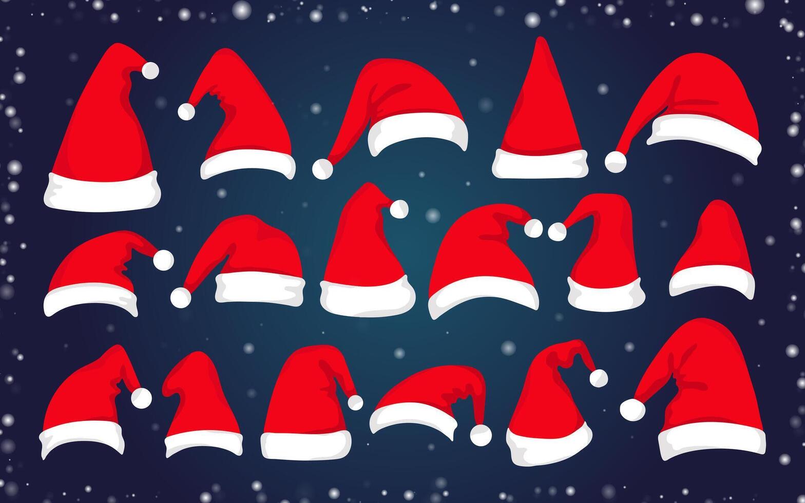 Big set of Santa Claus red hats. Winter Christmas elements for decoration, stickers, design. Colorful Santa caps isolated on white vector