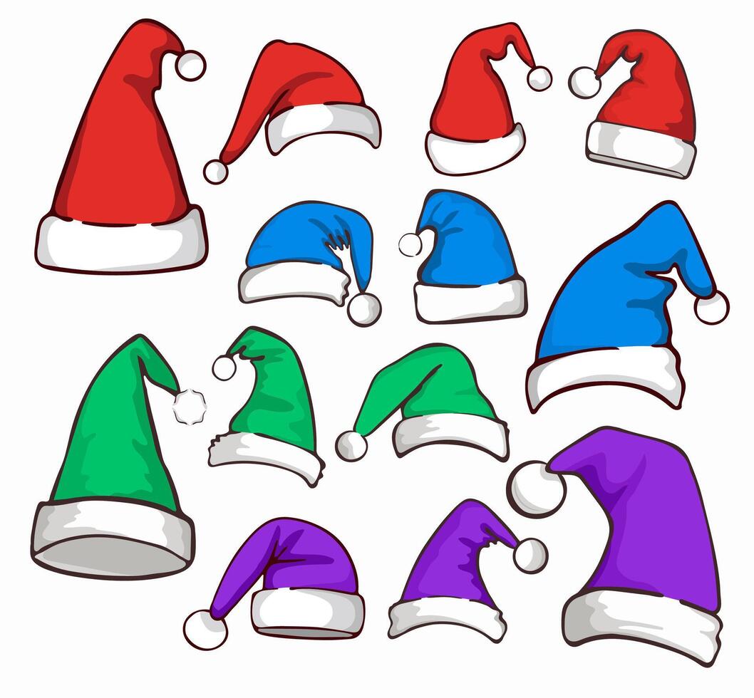 Set of Santa Claus hats in different colors. Christmas and New Year decorations, carnival party caps. Trendy modern illustration isolated on white background, hand drawn, flat design. vector