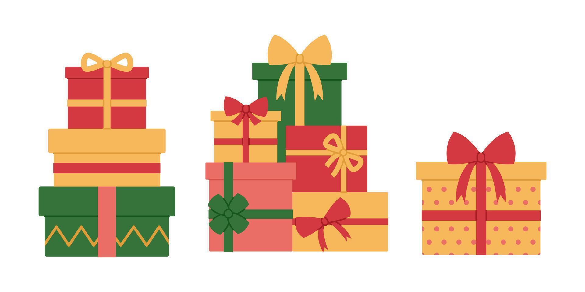 Set of Christmas gift boxes with ribbons and bows. Holiday presents stacks in red, yellow and green colors. Heaps of surprises. Flat illustration isolated on white background vector