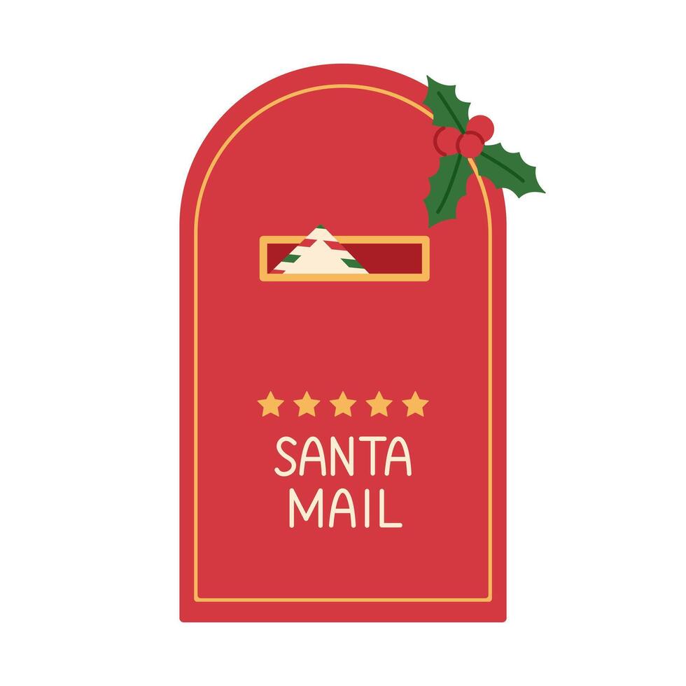 Santa Claus mailbox with envelope inside. Traditional red post box with stars and holly. Christmas letters delivery. Flat illustration isolated on white background vector