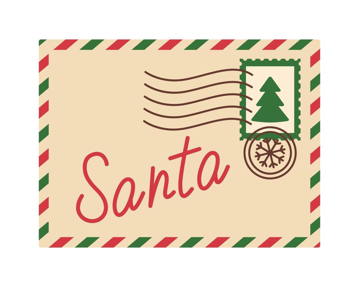 Envelope with letter to Santa Claus. Paper envelope with postage stamp with Christmas tree and seals. Xmas delivery. Flat illustration isolated on white background vector