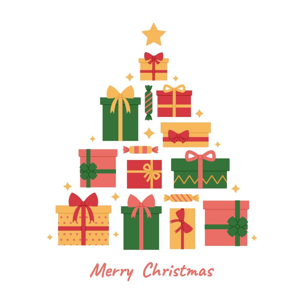 Christmas tree formed from colorful gift boxes with ribbons and bows, candies and stars. Stack of presents in shape of tree. Merry Christmas greeting card, banner or poster. Flat illustration vector