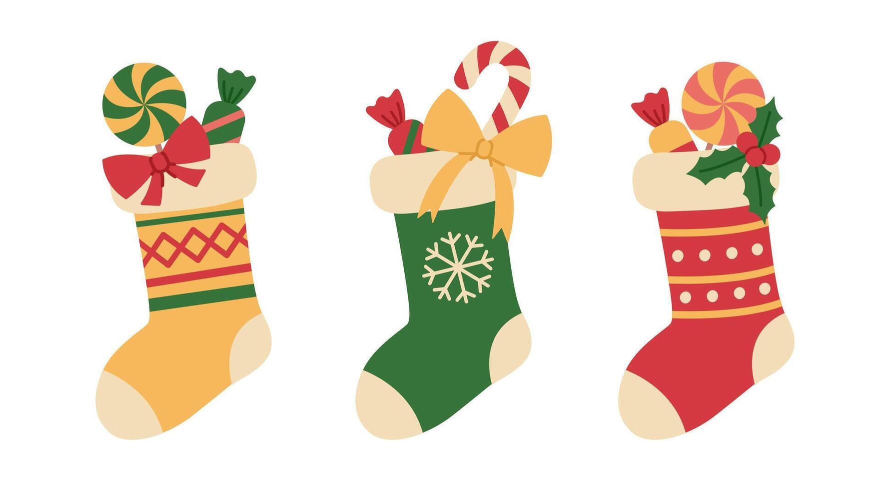 Christmas stocking set with different patterns, bows, lollipops, candies, candy cane and holly. Holiday decoration. Colorful socks with gifts. Flat illustration isolated on white background vector