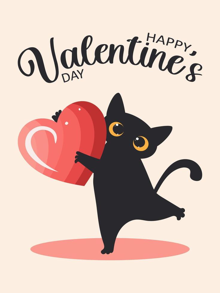 Black cute cat in love with big yellow eyes and a red heart in his paws on a pink background. vector