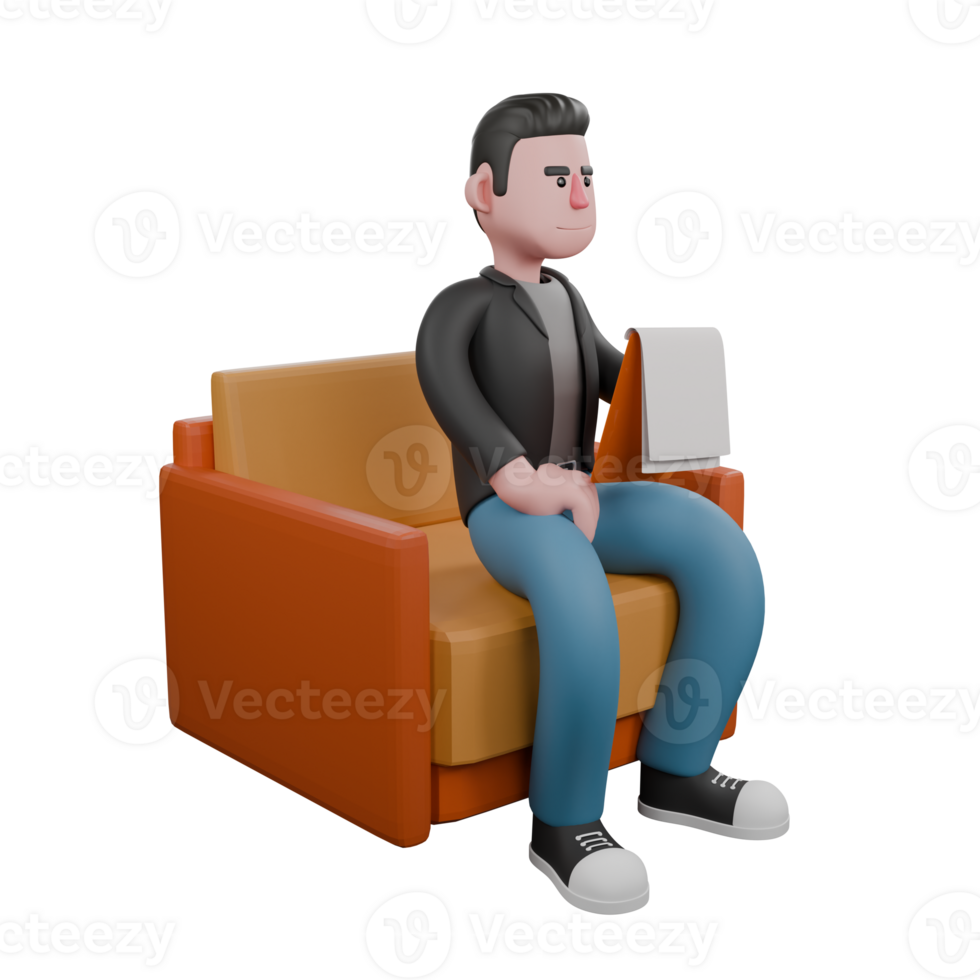 Screenwriter 3D Cartoon Model Design. A male screenwriter sits on a sofa with a clipboard in his left hand while his right hand is on his lap. Creative 3D Model png