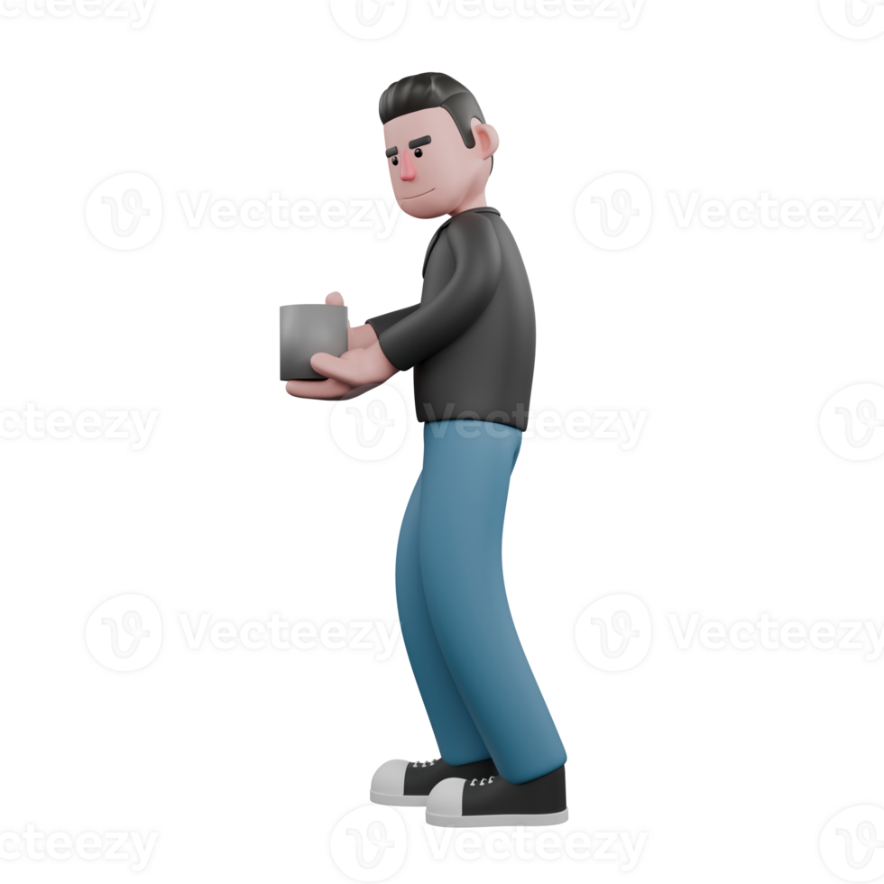 Creative 3D Model. A male screenwriter stands facing the right with both hands holding a cup of coffee. Artistic Illustration png