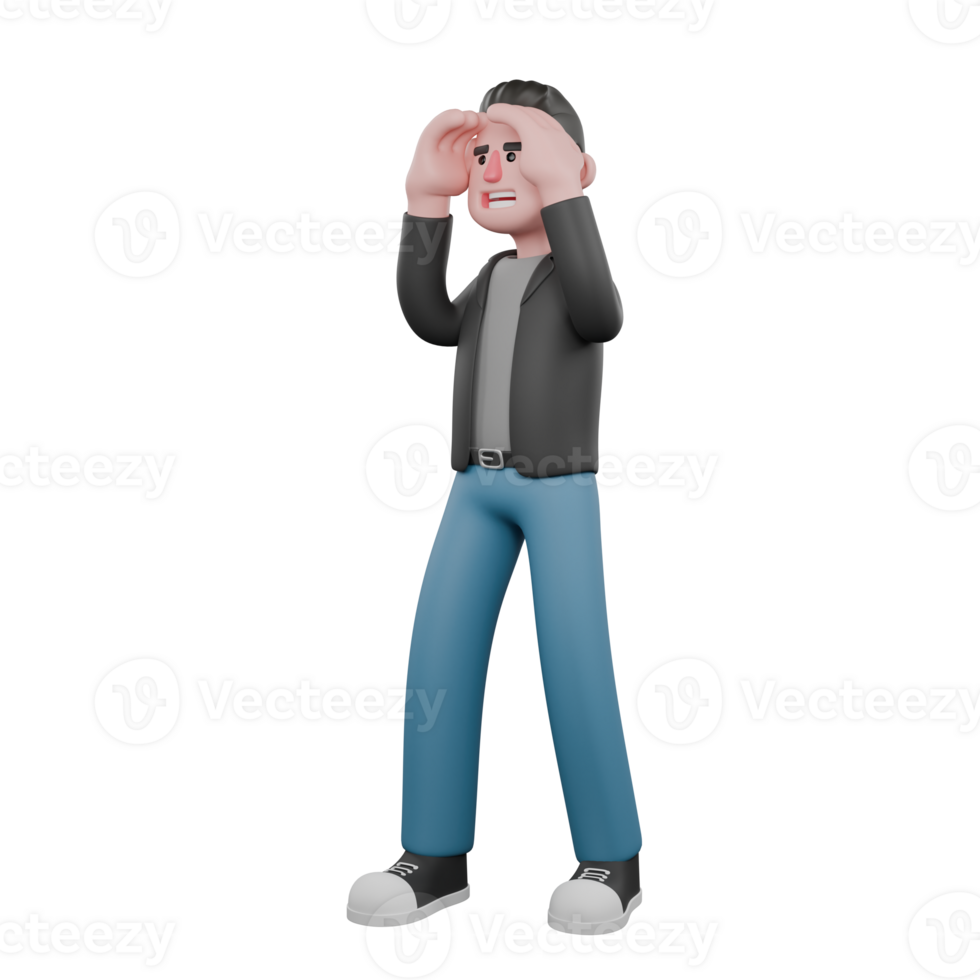 Screenwriter 3D Cartoon Model Design. A male Screenwriter stands with both hands in front of his forehead, looking far away. 3D Design png