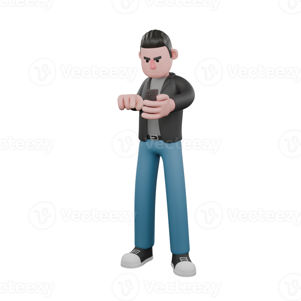 3D Cartoon Artistic Character. A male screenwriter stands holding a cell phone in his left hand, and his right hand as if he wants to operate the cell phone screen. Screenwriter Model Design png