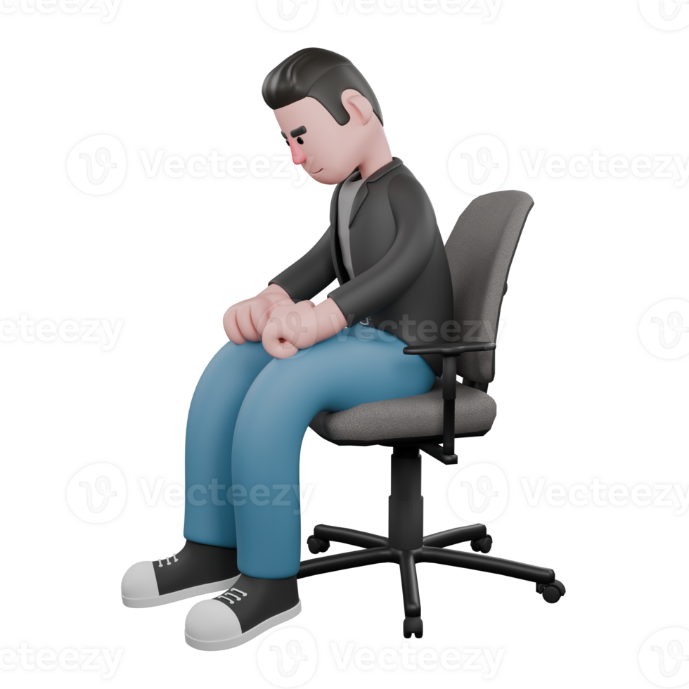 Professional Screenwriter Cartoon Design . A male screenwriter sits with both hands clenched on his knees and his head lowered. Model Design png