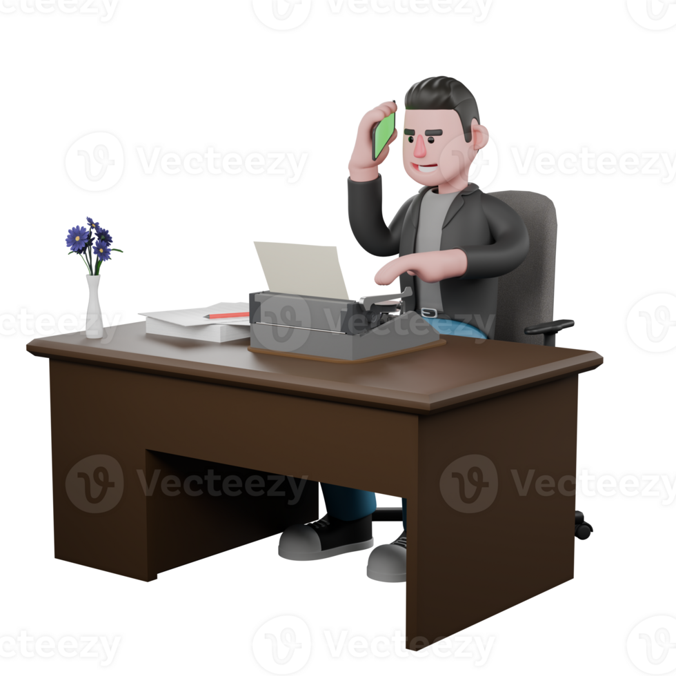Screenwriter 3D Cartoon Model Design. A Male Screenwriter sits with a typewriter on the table and his right hand holds a cell phone next to his ear. 3D Model Character png