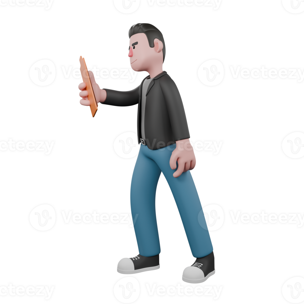 Professional Screenwriter Cartoon Design. A male screenwriter walks with his right hand holding a clipboard while his left hand is beside his body, serious expression. Screenwriter Model png