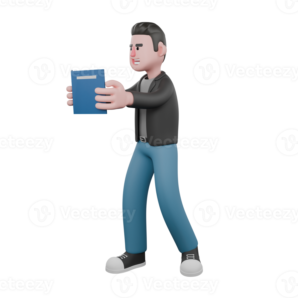 3D Cartoon Model Design of a Screenwriter. A male screenwriter walks to the right with both hands holding a book, a focused expression. 3D Design png