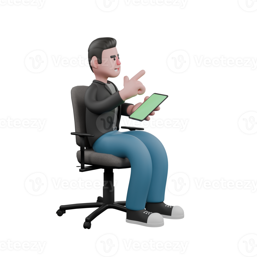 Screenwriter Cartoon Artistic 3D Character. A male screenwriter sits on a chair with his left hand holding a cell phone and his right hand pointing to the left. Model Design png